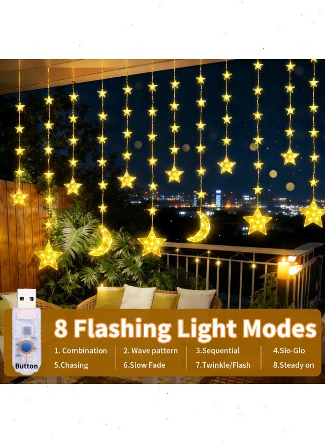 Ramadan Lights, Star Moon Curtain Lights, USB Powered Eid Mubarak Lights 8 Lighting Modes Ramadan Decorations for Home - Image 3